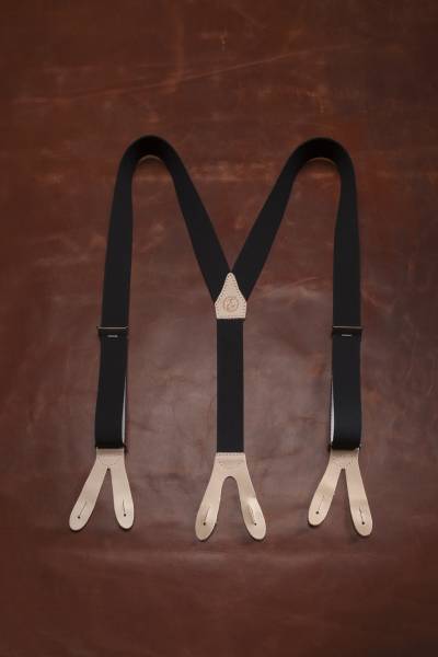 EHRENVOLL SUSPENDERS, 35mm wide, black with leather in colour nature