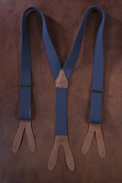 EHRENVOLL SUSPENDERS, 35mm wide, blue with antique brown leather